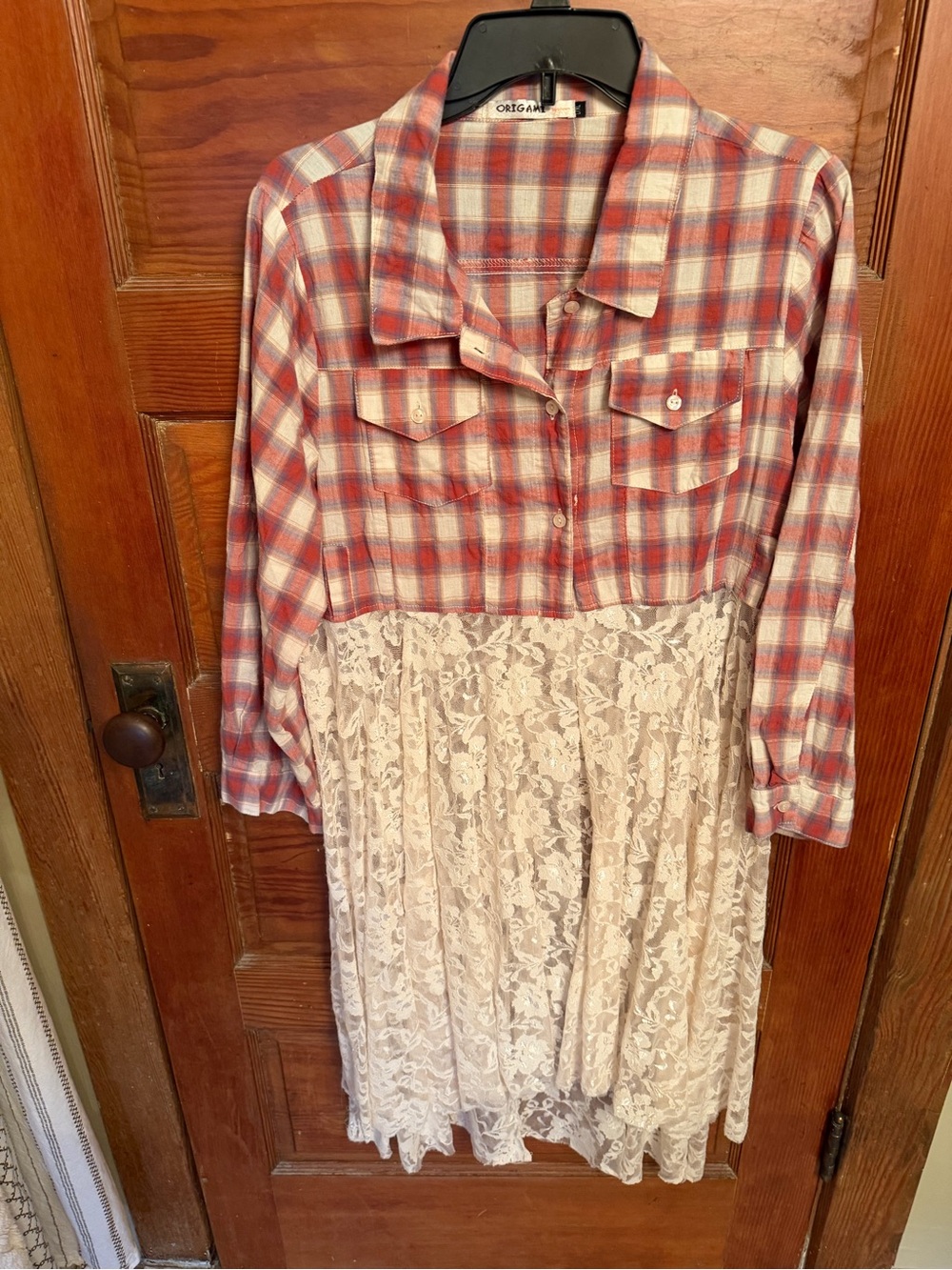 Plaid Button-Front Casual Top with Cream Lace Hem